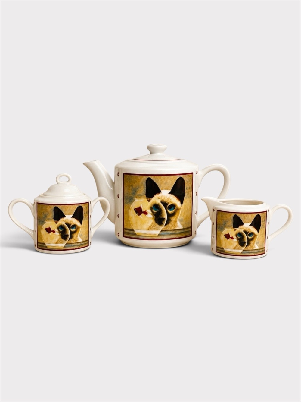 Vintage 1986 Vandor Lowell Herrero Siamese Cat & Fish Bowl Tea Set 3 Pieces